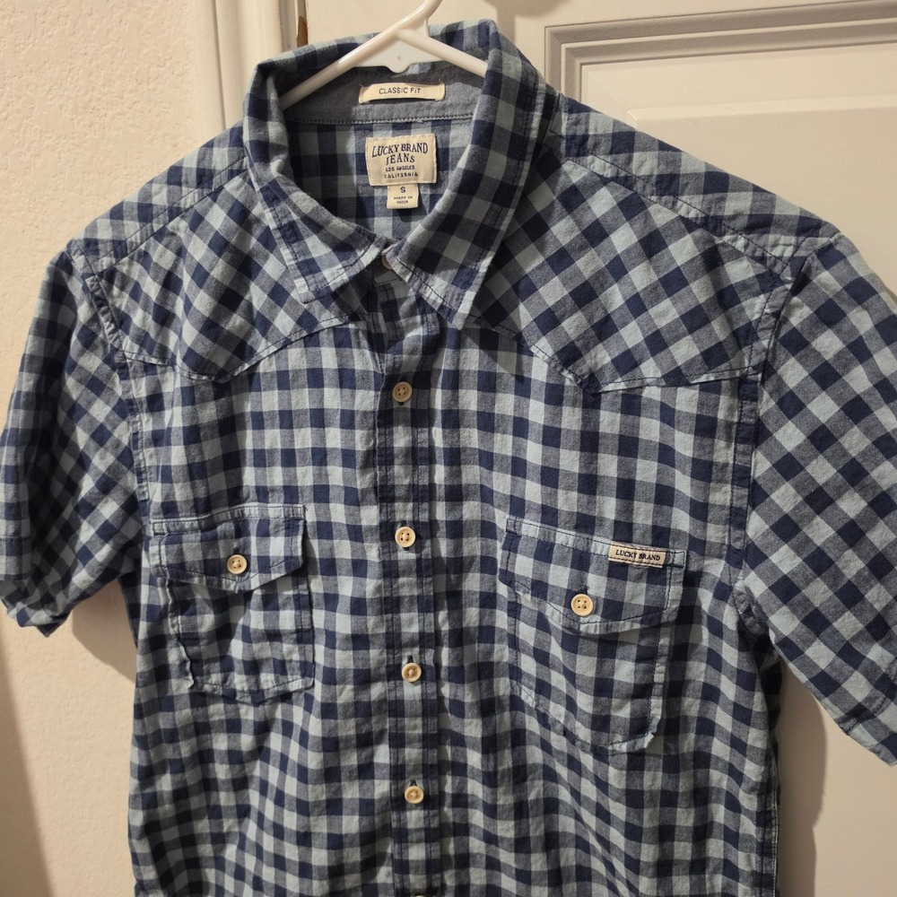 Lucky Brand Mens Short Sleeve Western Gingham Button Down Shirt Navy Grey Small